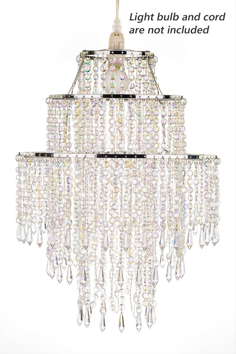 Waneway Large 3 Tiers Beads Pendant Shade, Ceiling Chandelier Lampshade with Acrylic Jewel Droplets, Beaded Lampshade with Chrome Frame and Sparkling Beads, Diameter 12.6 inches, Clear - Image 3